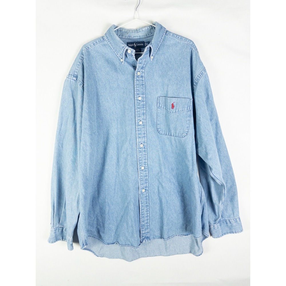Ralph Lauren Big Shirt Denim Button Down Mens XL Light Blue 90s Preppy Old Money